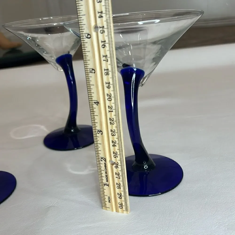 Libby Martini Glasses Cobalt Blue Curved Stem Art Glass Swerve Bravura Set 3